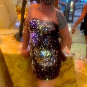 Size L As U Wish - mini dress, strapless w/black & silver mixed flipped sequins!